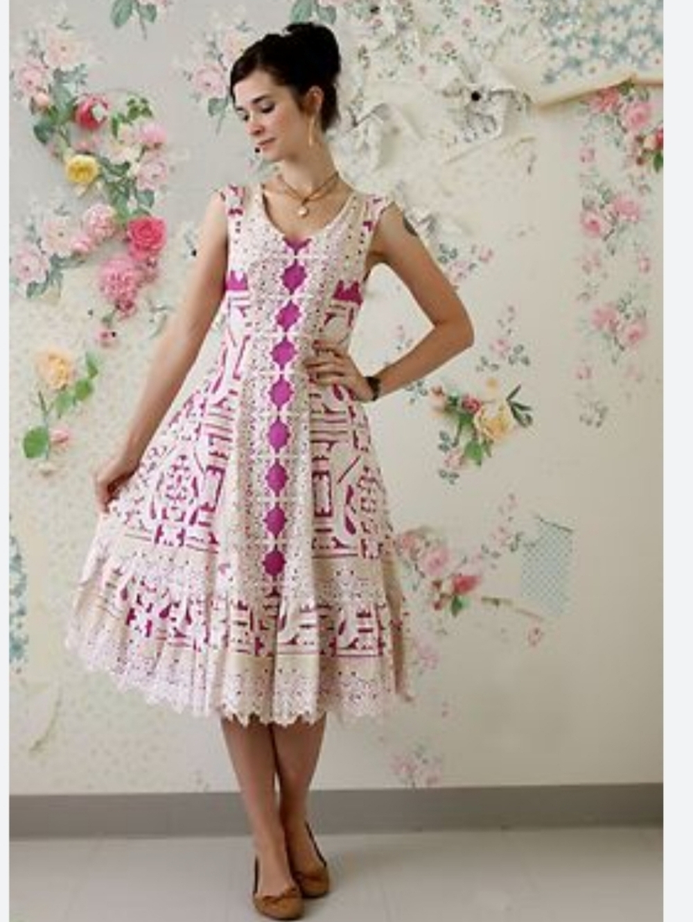 Anthro Moulinette Soeurs Pink and Cream Lace-Inset Midi Dress Versailles Retro